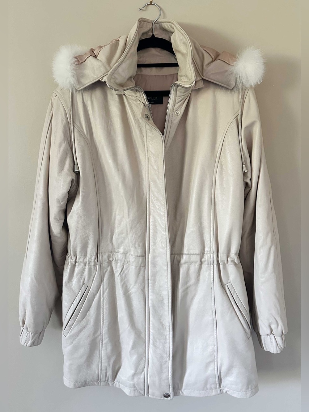 Damselle Cream Lamb Leather Parka Coat White Fox Fur Removable Hood Y2K Small